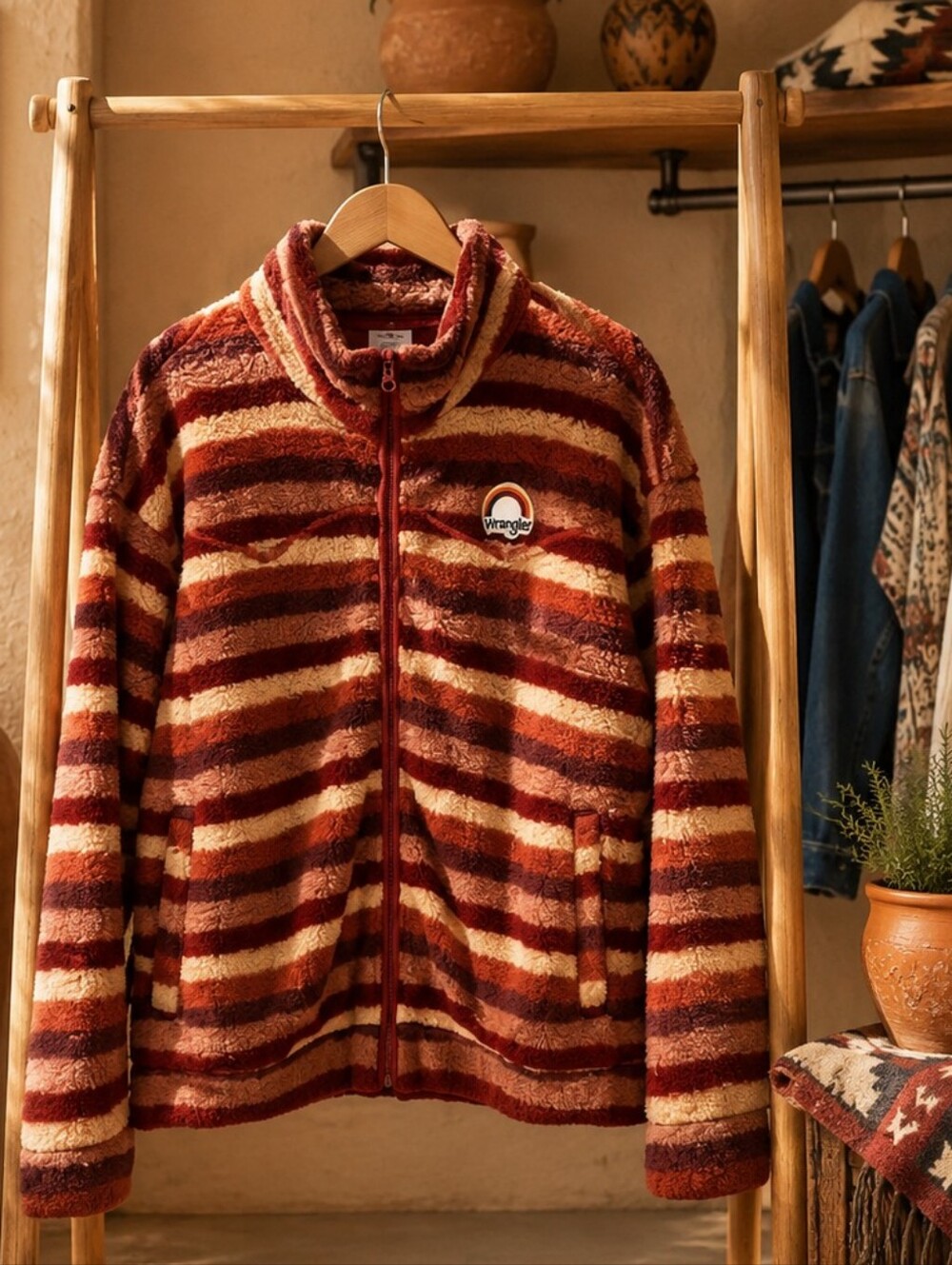 Wrangler Sherpa Fleece Jacket XL Striped Western Cozy Full Zip Teddy